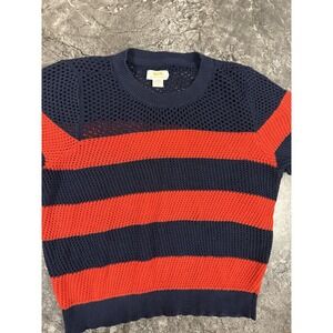 Maeve By Anthropologie Striped Open Knit Short Sleeved Sweated Navy Orange XL